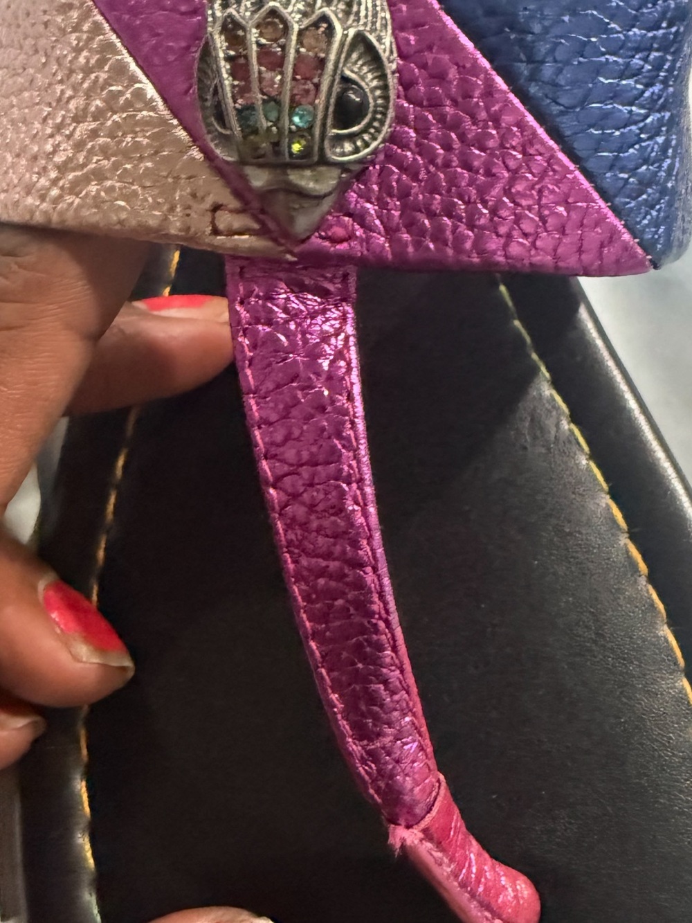 Kurt Geiger Pink Blue Rose Metallic Toe-Post Sandal with Decorative Charm - Picture 2 of 3